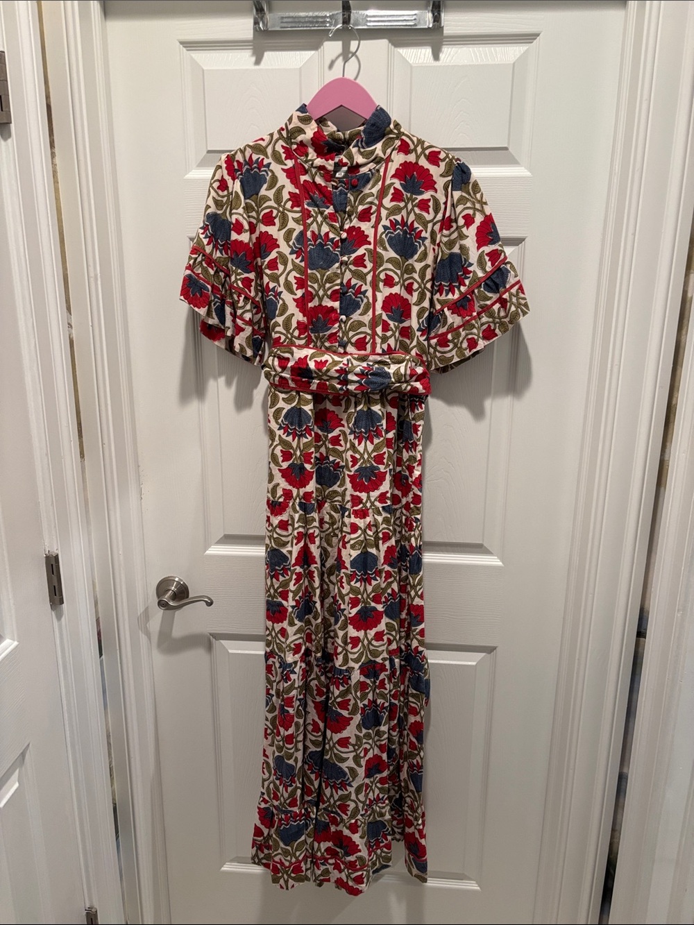 Floral Belted Maxi Dress in Red, Blue & Cream